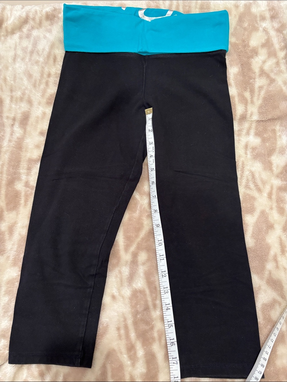 Victoria's Secret Black Leggings with Teal Fold-Over Waistband